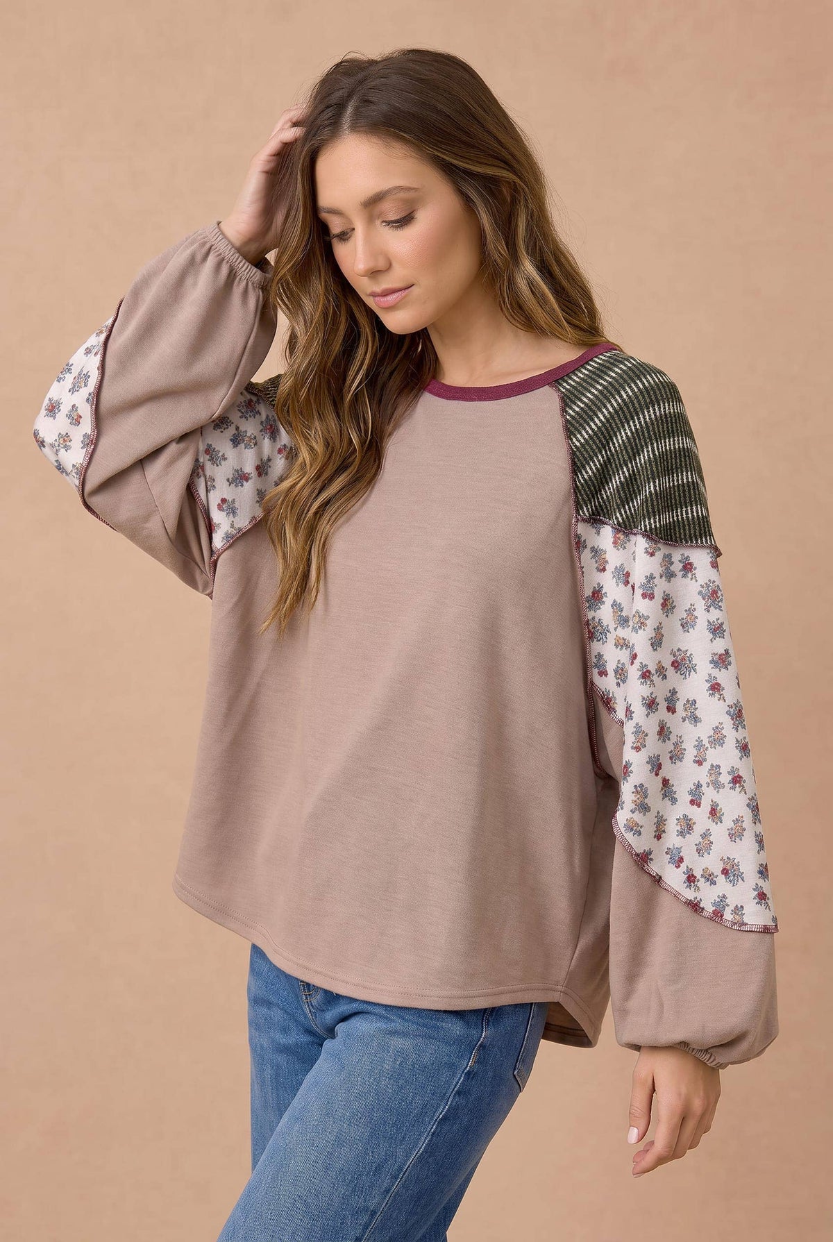 Plus Floral and Stripe Color Block Knit Top