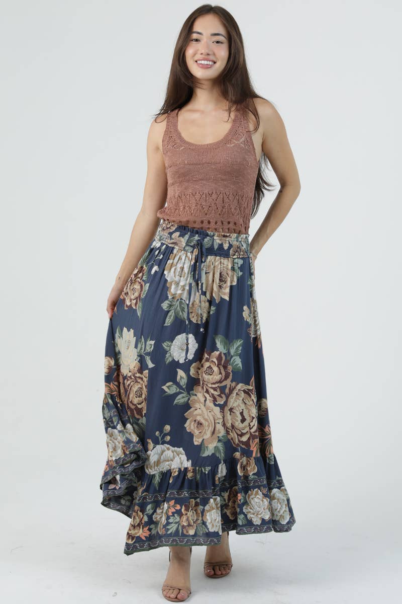 26P93-WB64 Smock Waist Ruffle Hem Maxi Skirt
