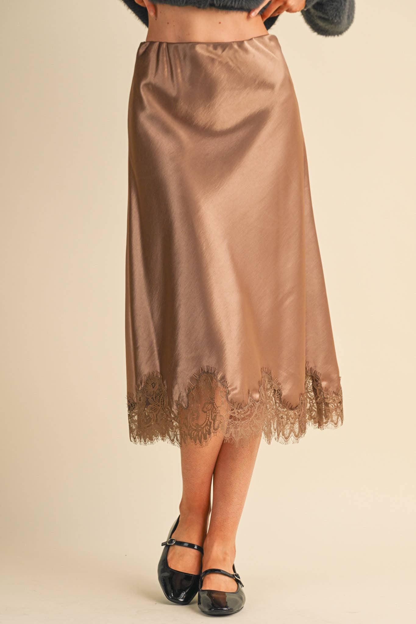 Espresso Satin Midi Slip Skirt with Lace Hem