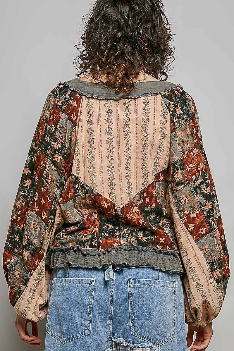 Beige/Peach Multi Color V Neck Balloon Sleeve Top