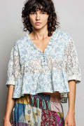 Blue Floral Printed Lace Patch Adjustable Back Loop Ruffled V-Neck Top