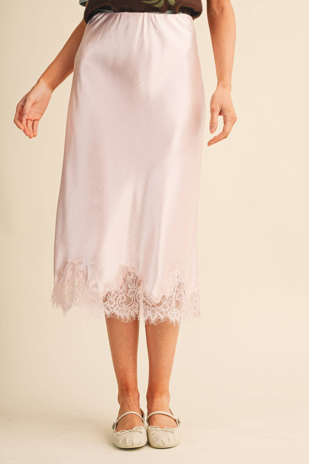 Ballerina Pink Satin Midi Slip Skirt with Lace Hem