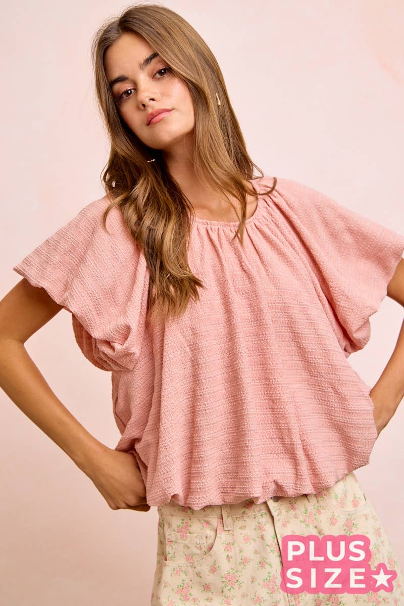 STRIPES TEXTURED SHIRRED NECKLINE BUBBLE HEM TOP