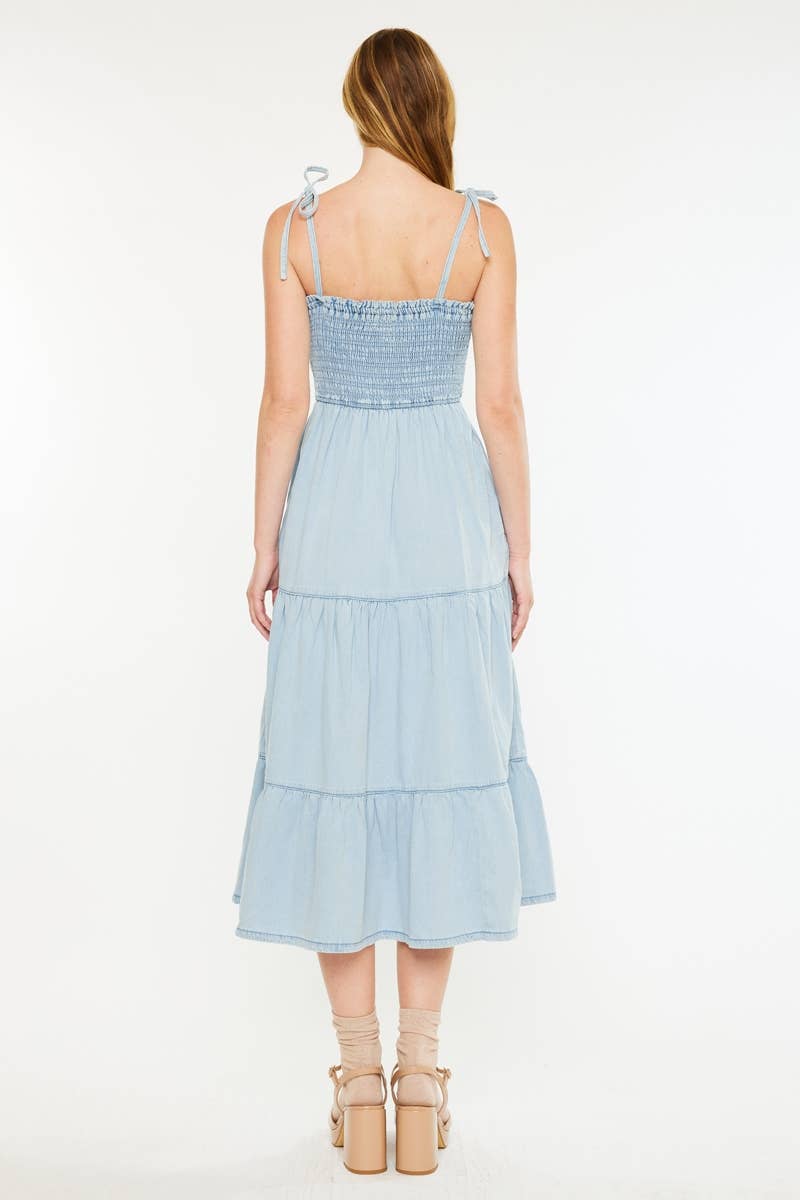 Light Wash Denim Dress with Smocking Detail - Kan Can