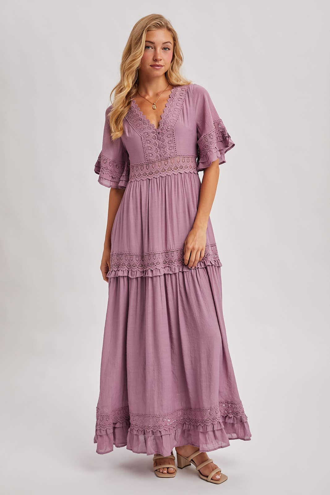 Lace V Neck Maxi Dress with Ruffle Sleeves (Olive & Ivory)