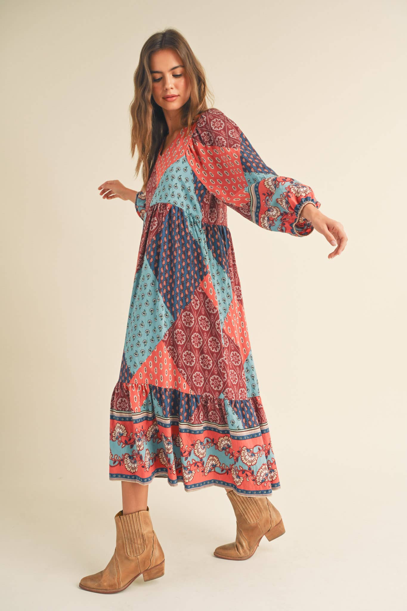 Rust Multi Color Printed Balloon Sleeve Mid Length Dress