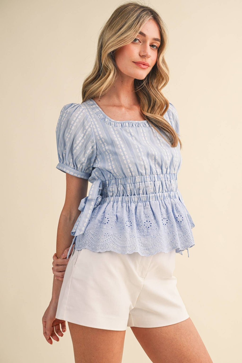 Denim Blue Striped Floral Eyelet Hem Peplum Top
