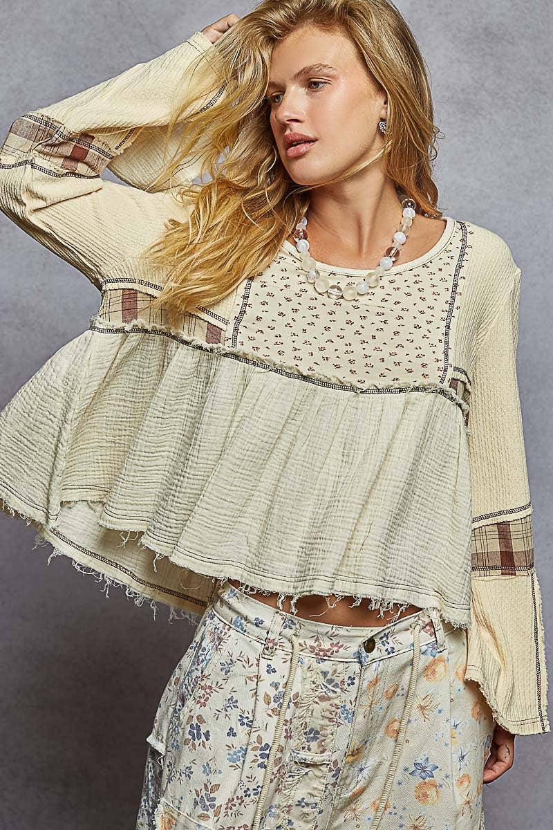 Cream Long Sleeve Plaid Contrast Double Gauze Woven Top