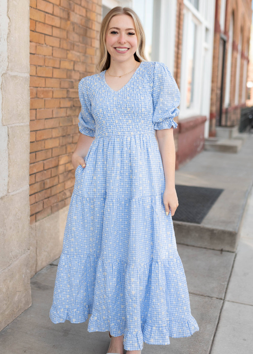 Mikayla Blue Gingham Floral Dress