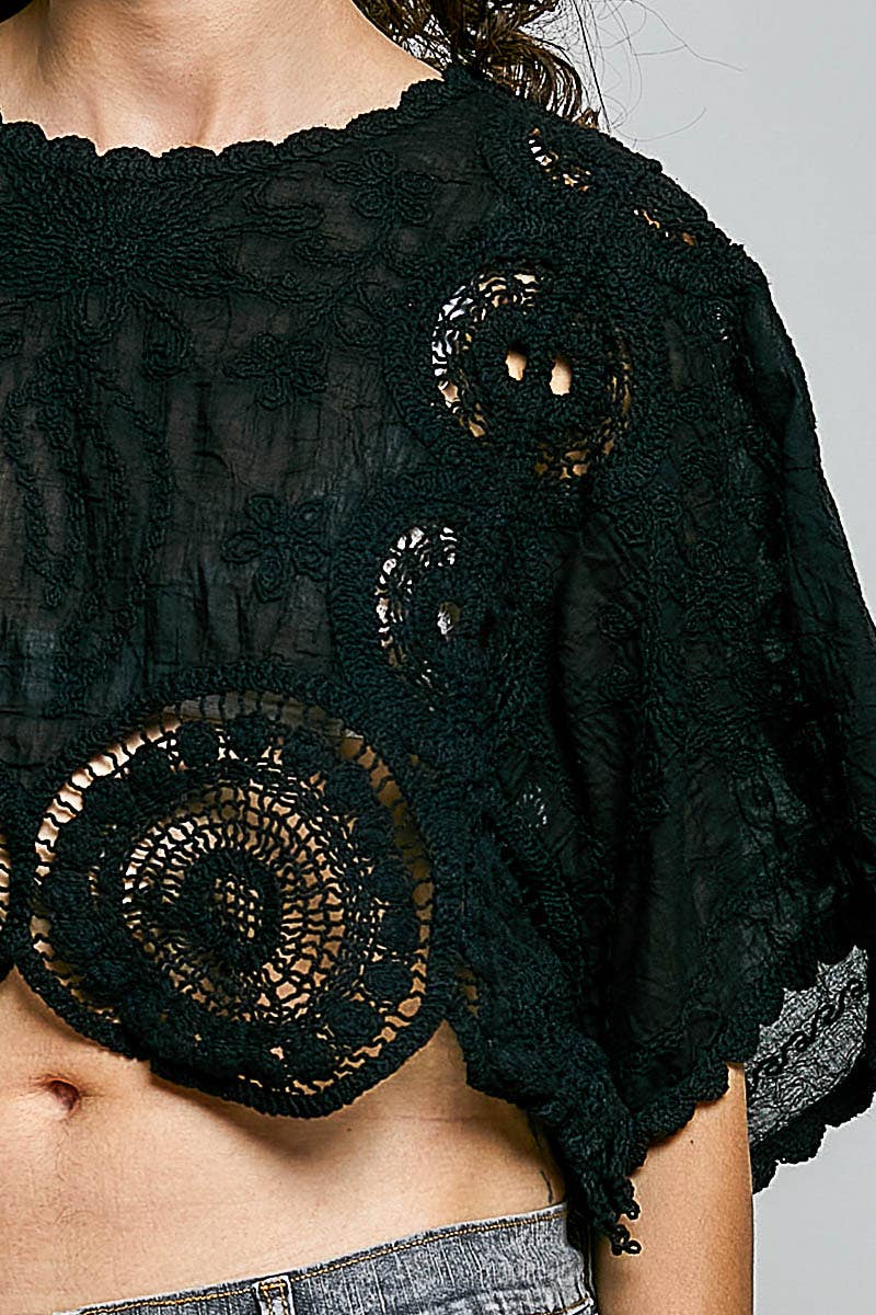 Black Scalloped knitted border Round Neck Crochet 3/4 Sleeve Top