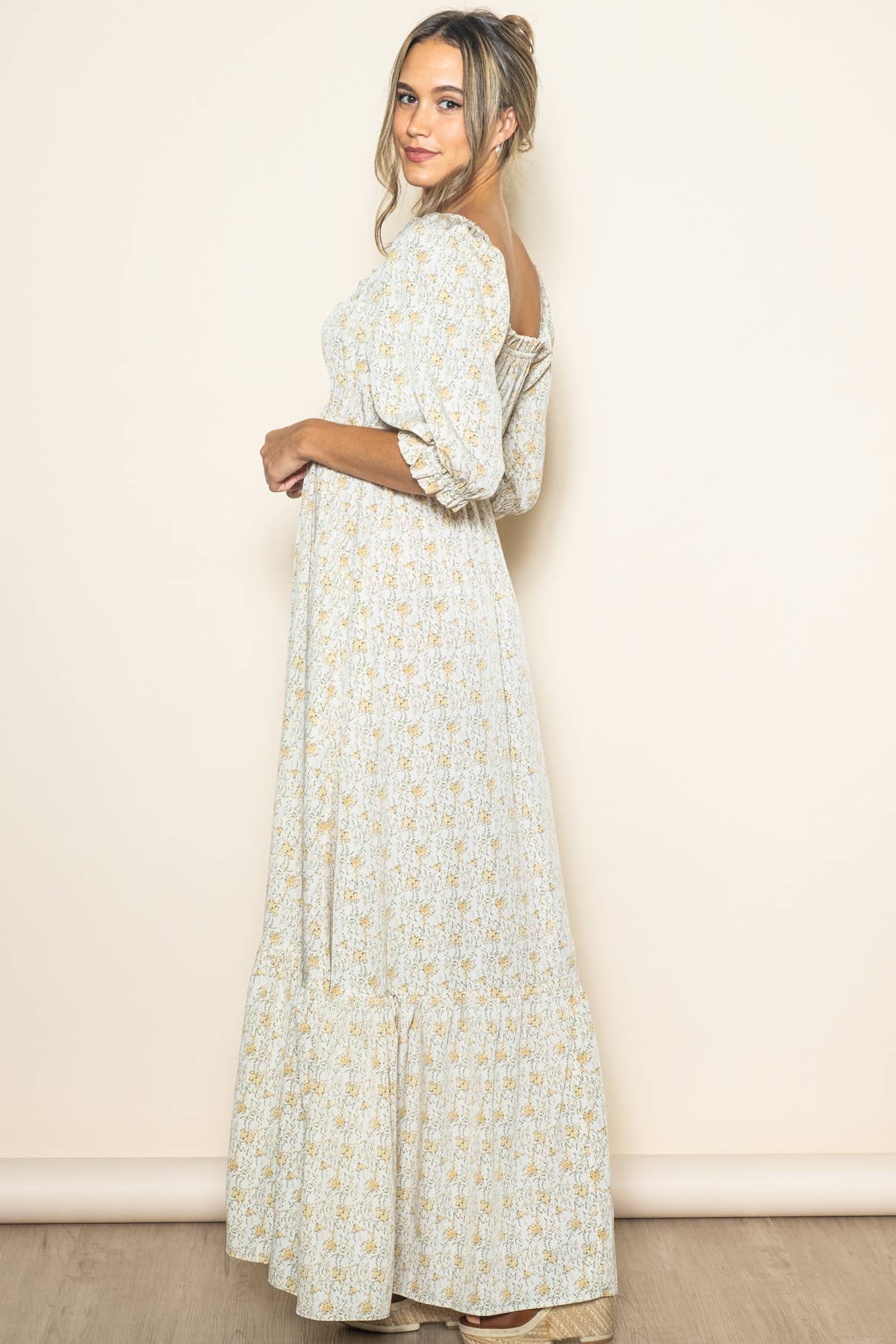 Flowy Babydoll Empire Wide Flare Floral Maxi Dress w Pockets