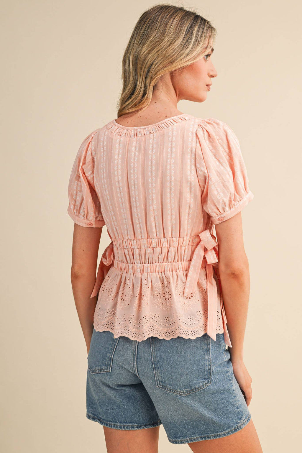 Denim Blue Striped Floral Eyelet Hem Peplum Top