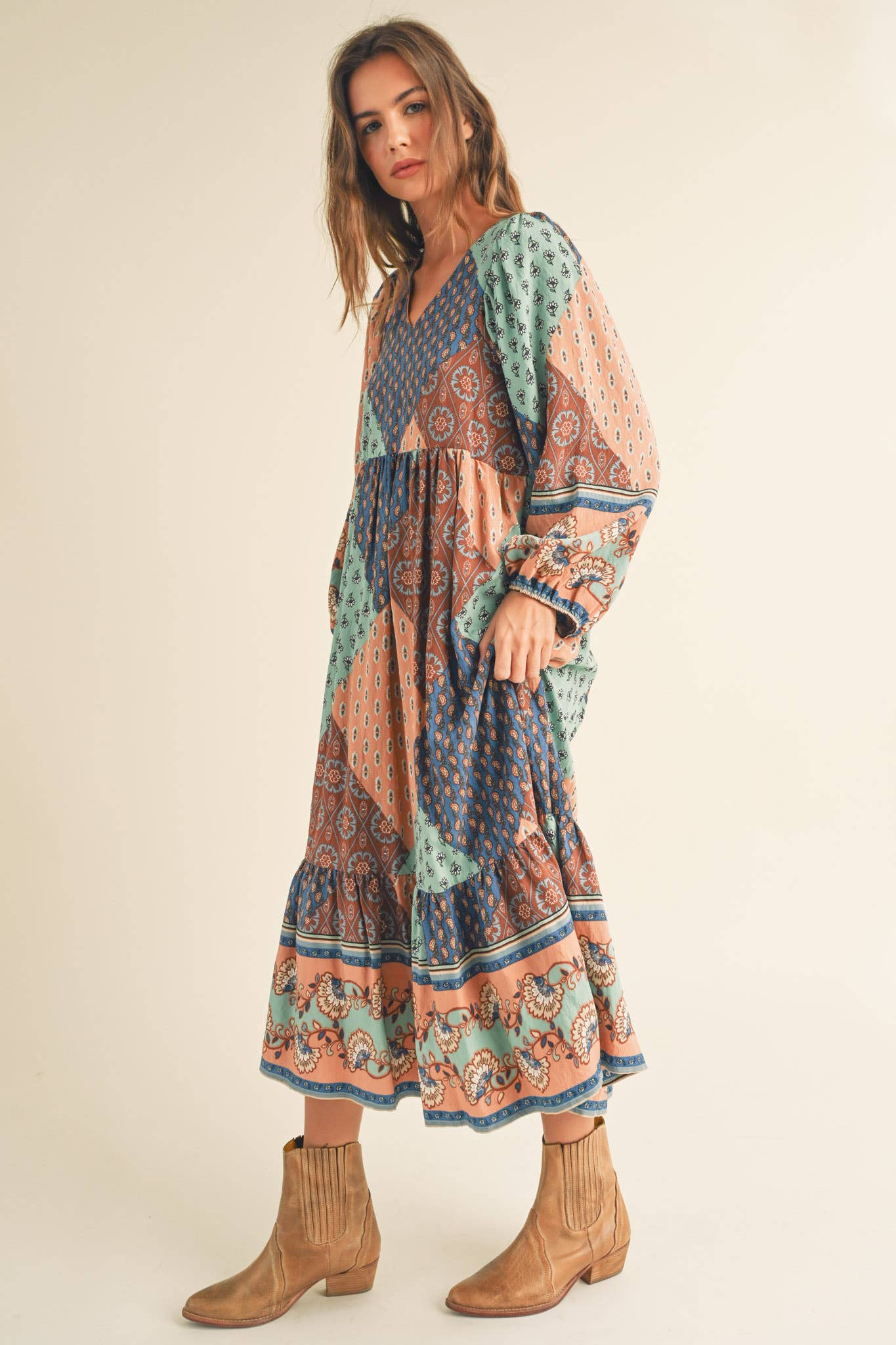 Rust Multi Color Printed Balloon Sleeve Mid Length Dress