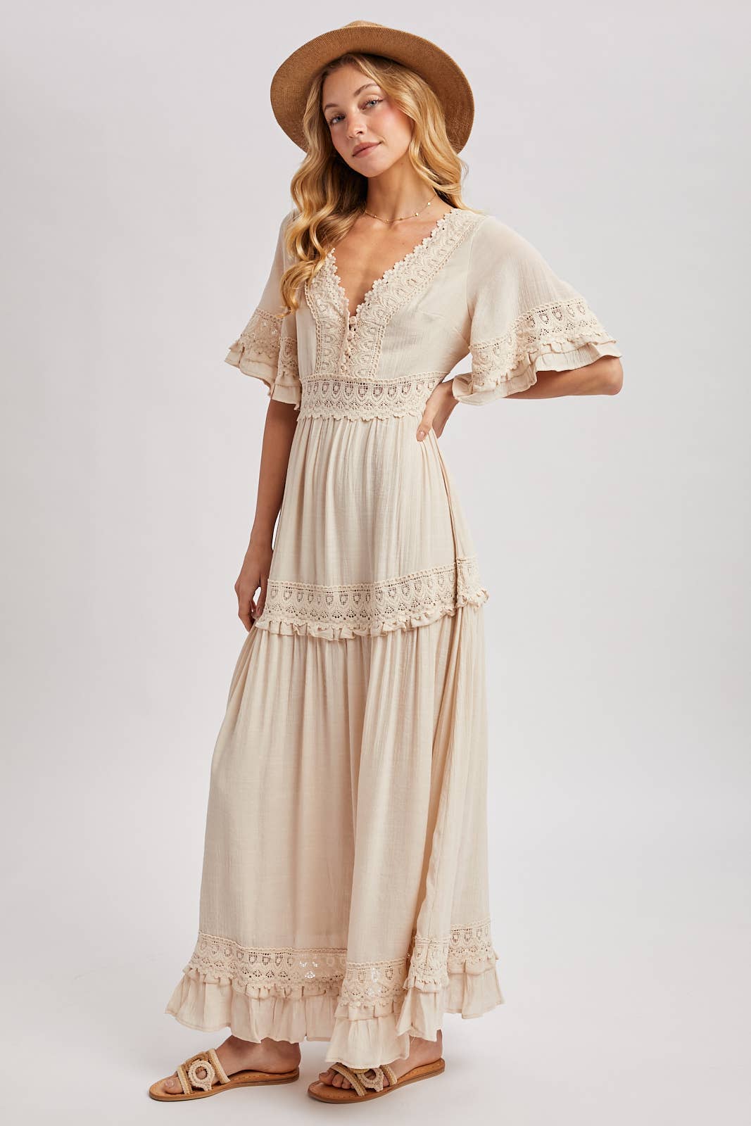 Lace V Neck Maxi Dress with Ruffle Sleeves (Olive & Ivory)