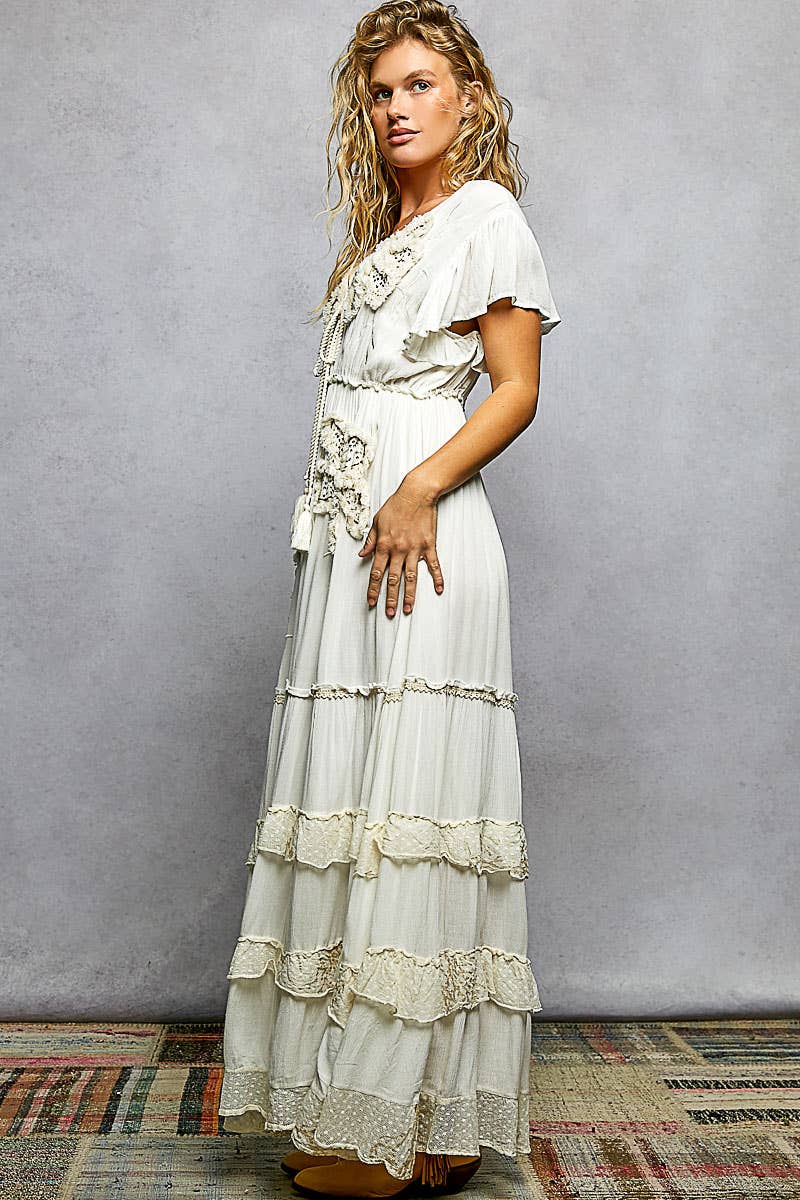 Ivory Ruffle Trim V-neck Embroidery Sequins Tassel Maxi Dress