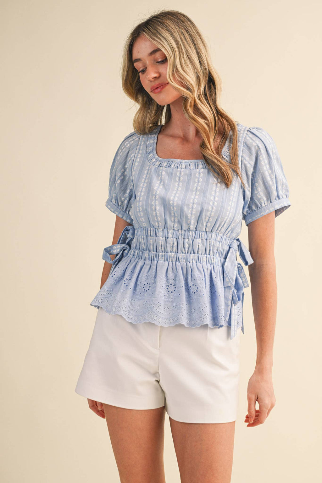 Denim Blue Striped Floral Eyelet Hem Peplum Top