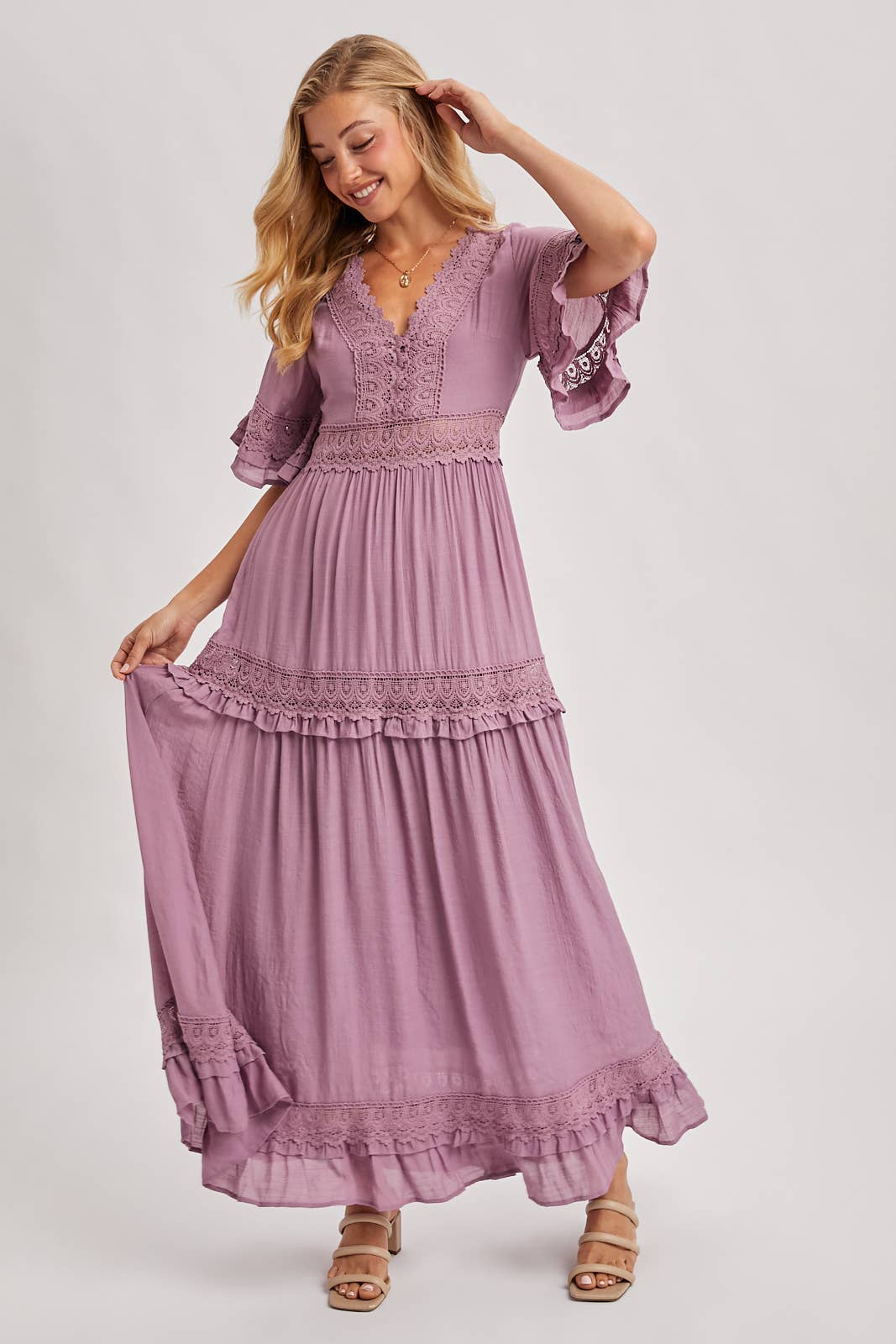 Lace V Neck Maxi Dress with Ruffle Sleeves (Olive & Ivory)