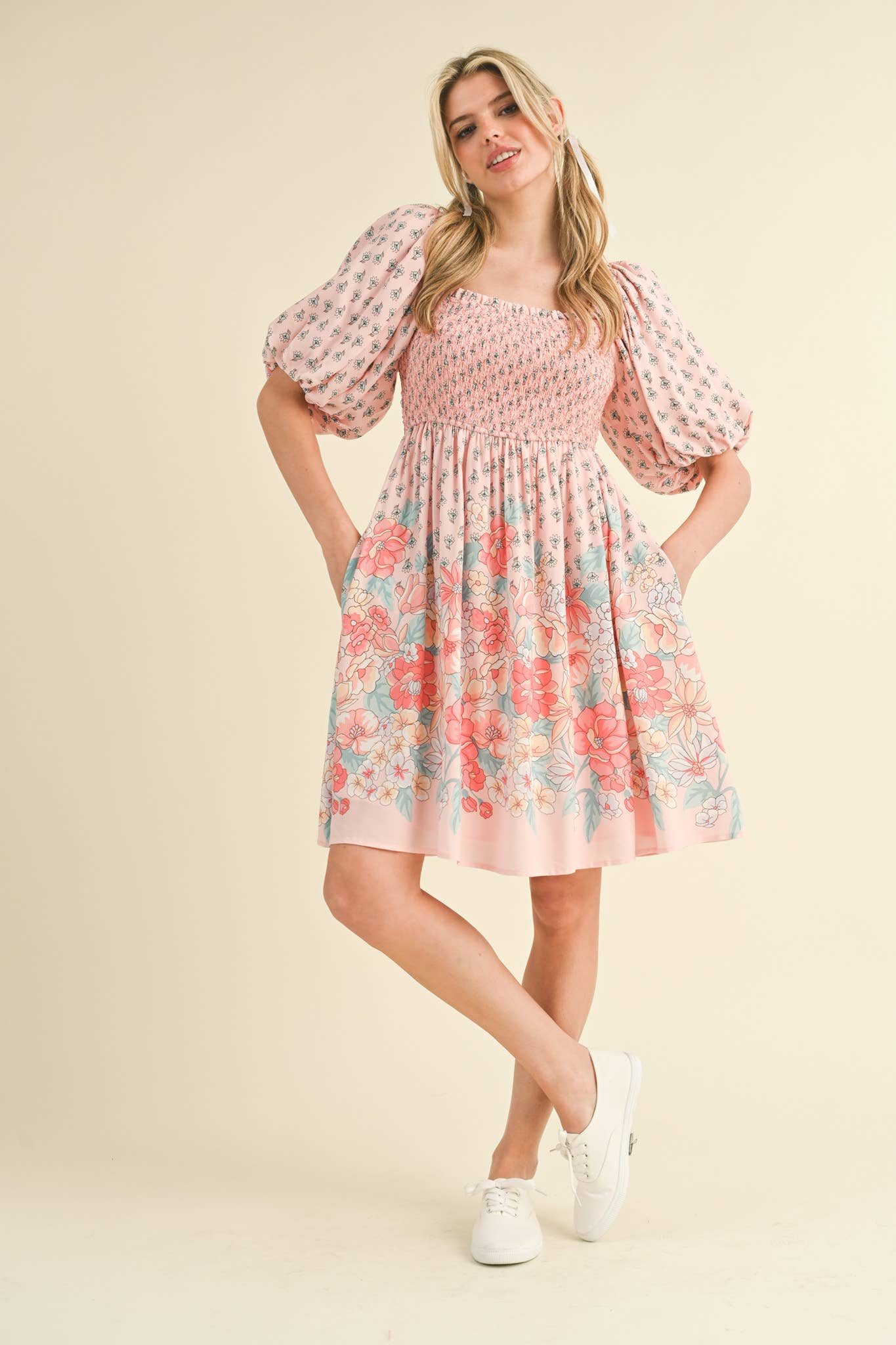 Pink/Peach Floral Smocked Knee Length Dress with Puff Sleeves