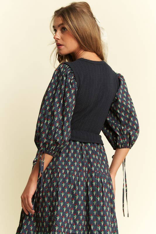 Floral Print Mixed Media Tiered Midi Dress
