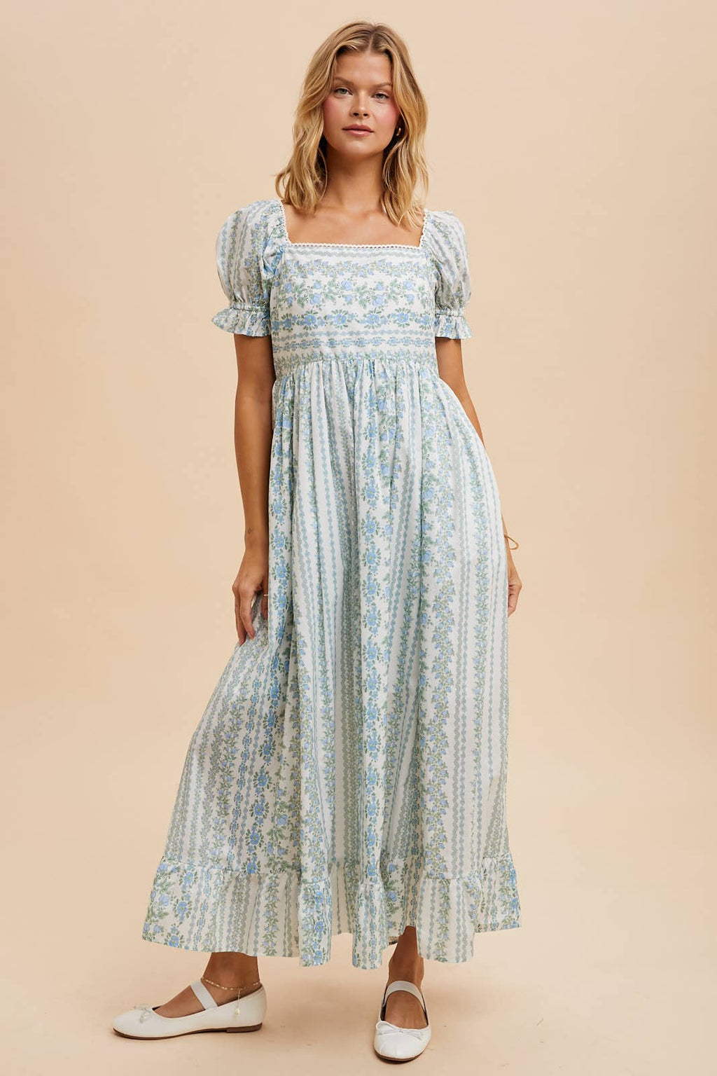 Ivory/Peach Floral Square Neck Maxi Dress with Puff Print Sleeves