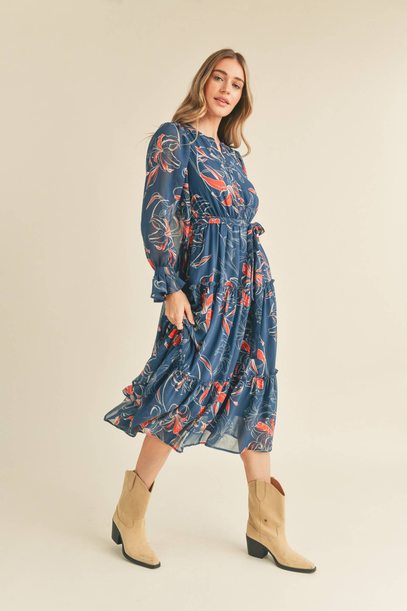 Teal Floral Button Down Ruffle Tiered Dress
