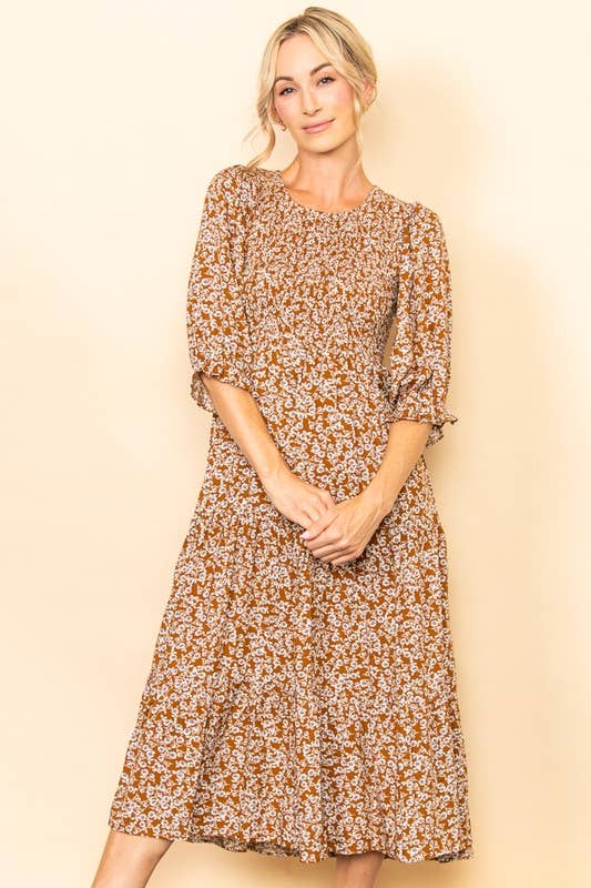 Vintage Floral Smocked Tiered Midi Dress with Pockets