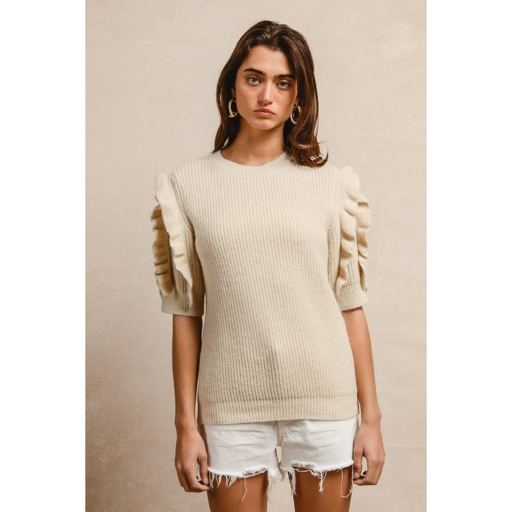 SOLID KNIT RUFFLED SLEEVES TOP