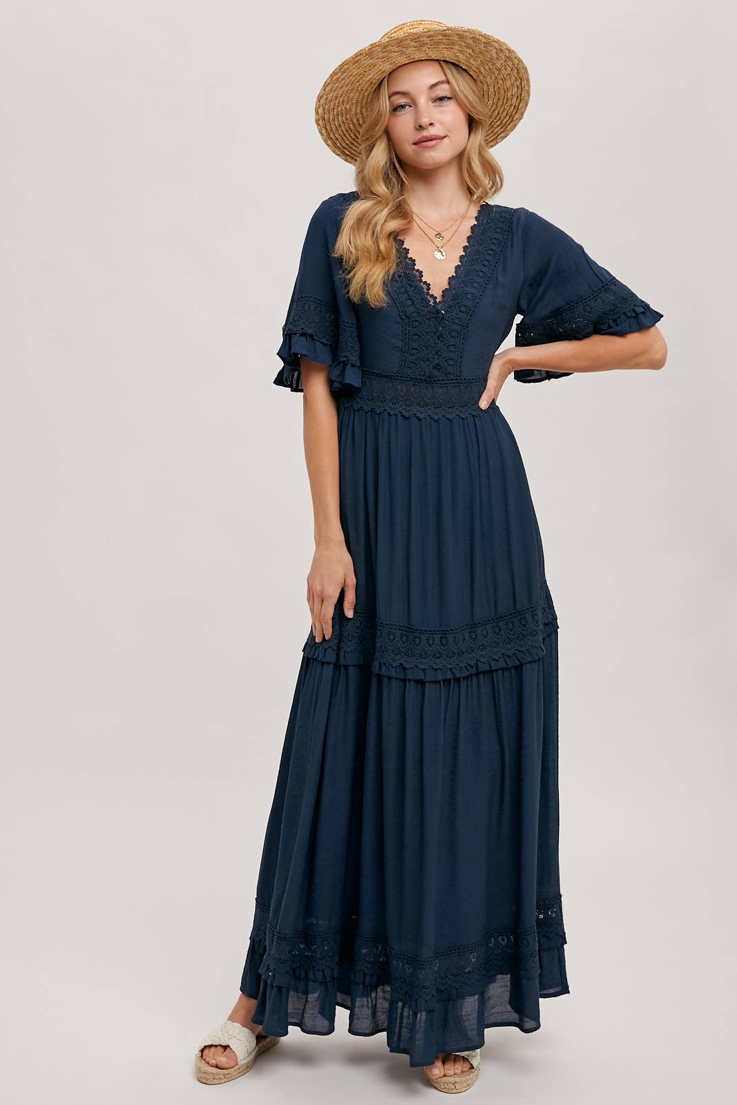 Lace V Neck Maxi Dress with Ruffle Sleeves (Olive & Ivory)