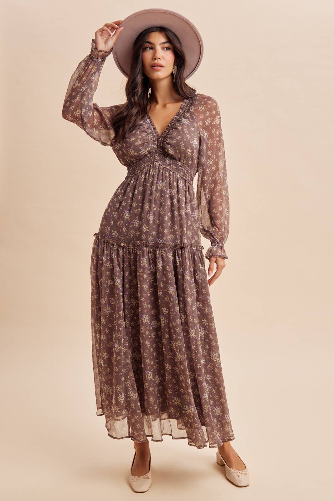 Chestnut Floral Maxi Dress with Smocking Detail