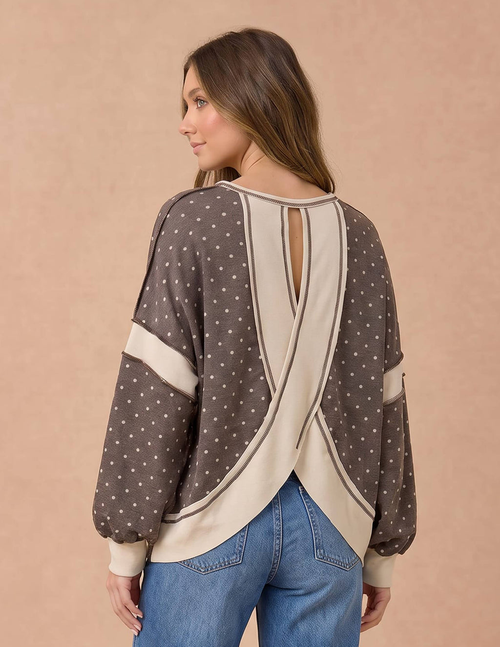 Polka Dot Colorblock Cutout Back Pullover
