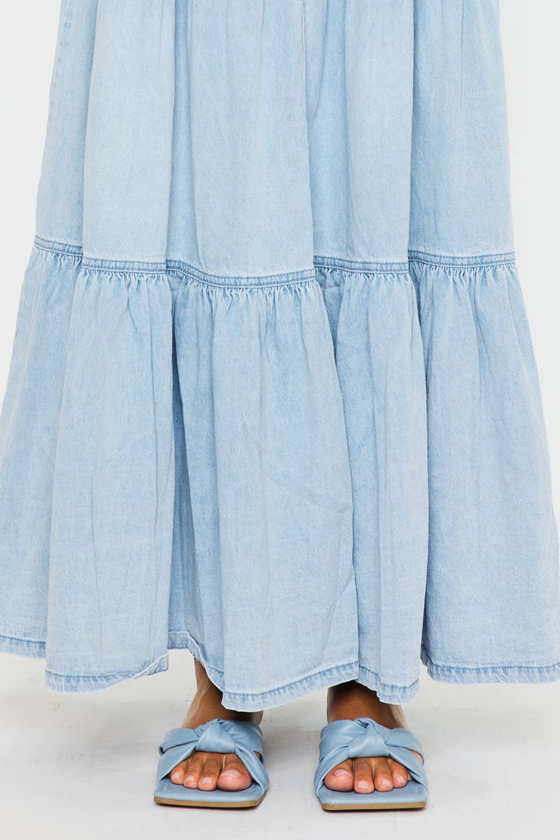 Light Wash Tiered Maxi Skirt - Kan Can