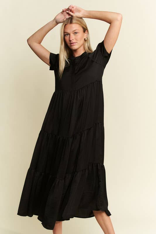 Black Polyester Button-Down Dress
