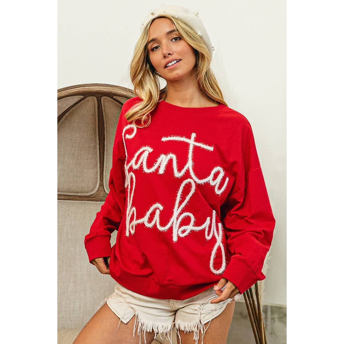 TINSEL SANTA BABY LETTERING CHRISTMAS SWEATSHIRT