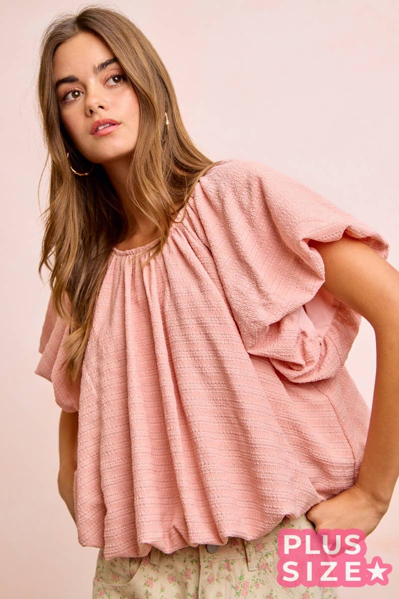 STRIPES TEXTURED SHIRRED NECKLINE BUBBLE HEM TOP