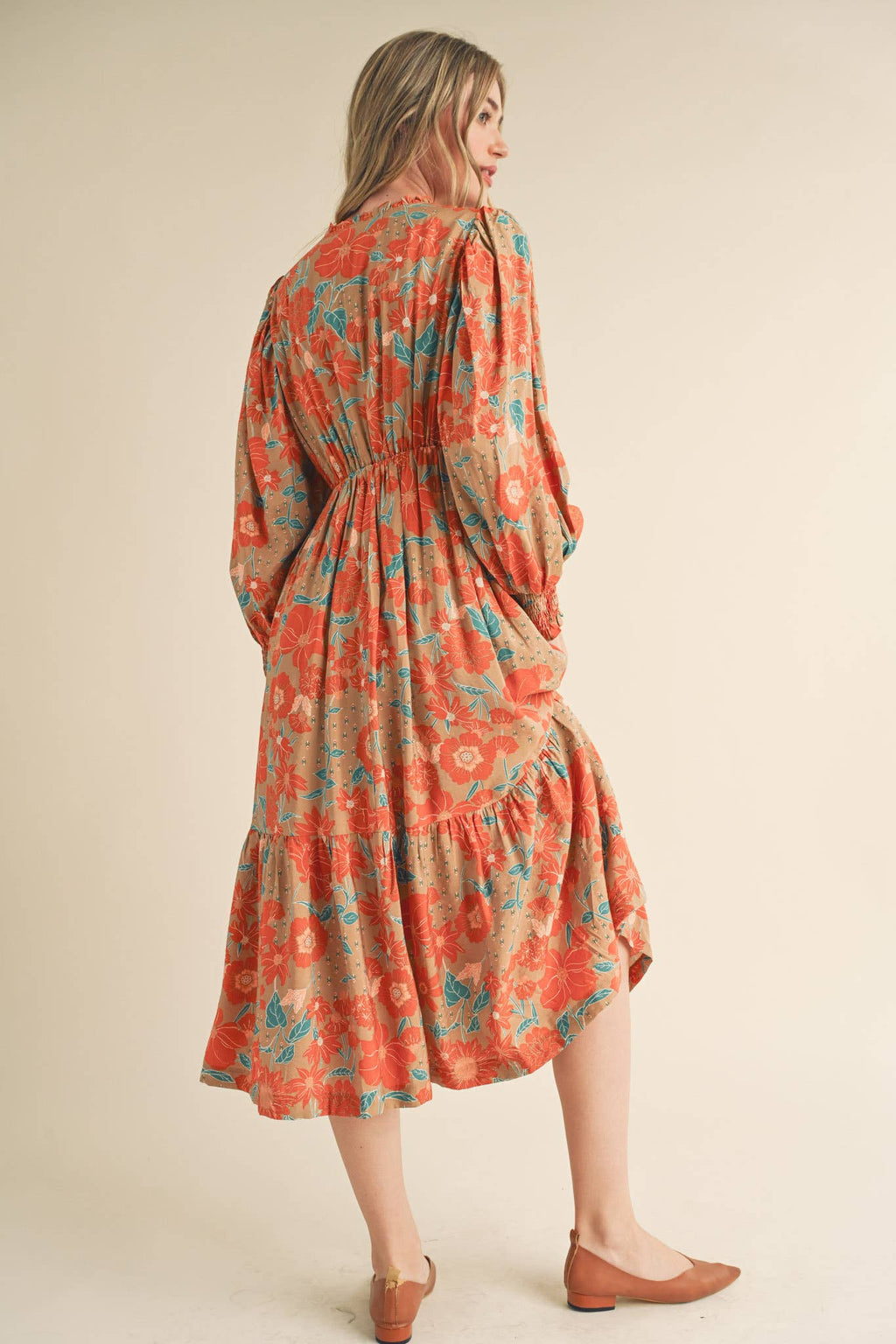 Cream with Rust/Teal Floral Ruffle Maxi Dress