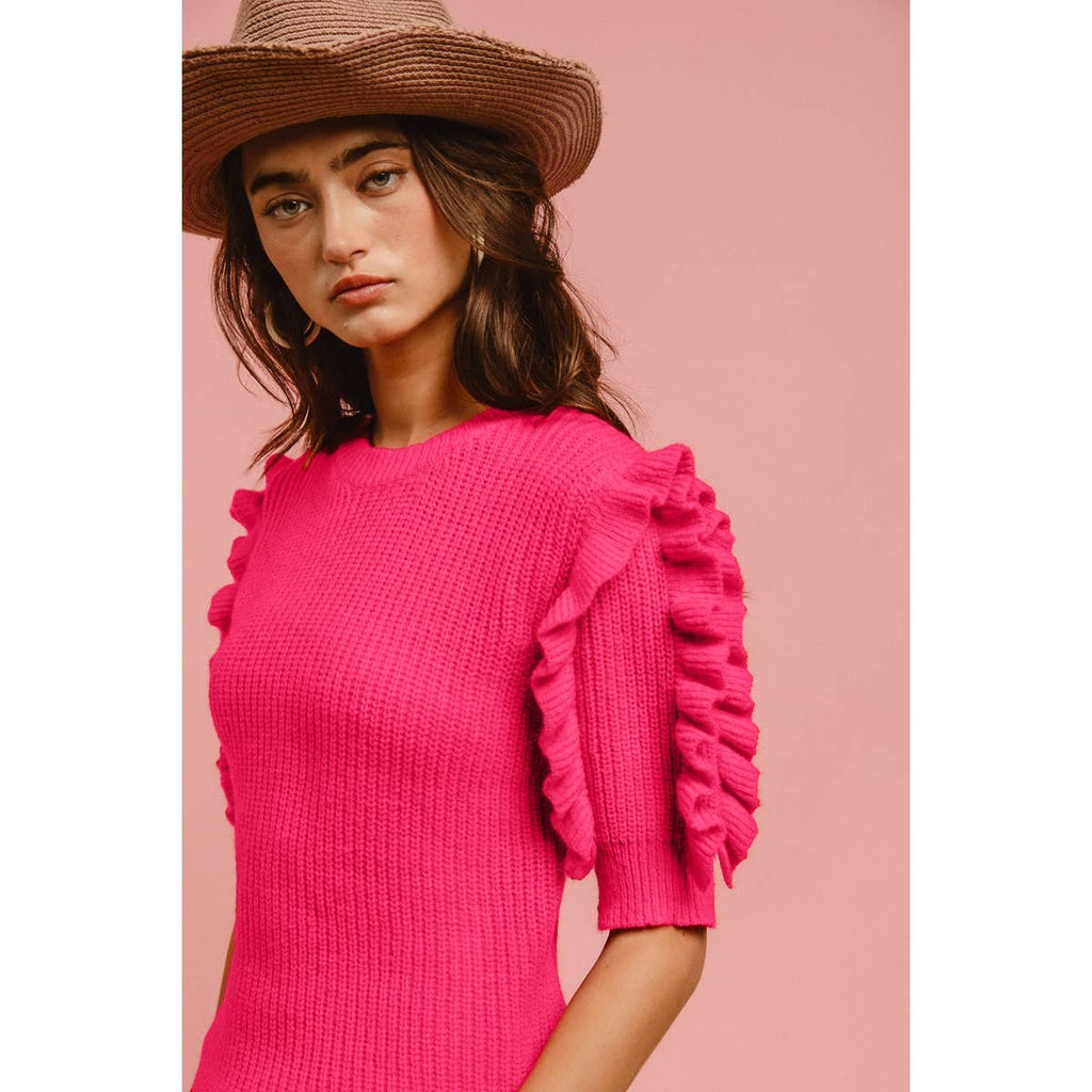 SOLID KNIT RUFFLED SLEEVES TOP