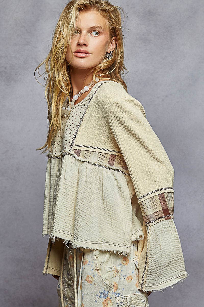 Cream Long Sleeve Plaid Contrast Double Gauze Woven Top
