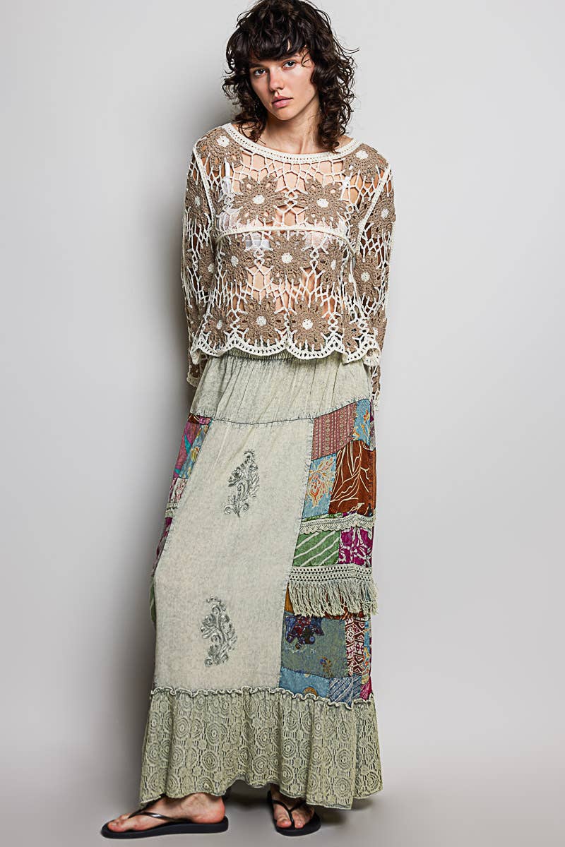 Sage Print Patch Vintage Washing Ruffle Maxi Skirt