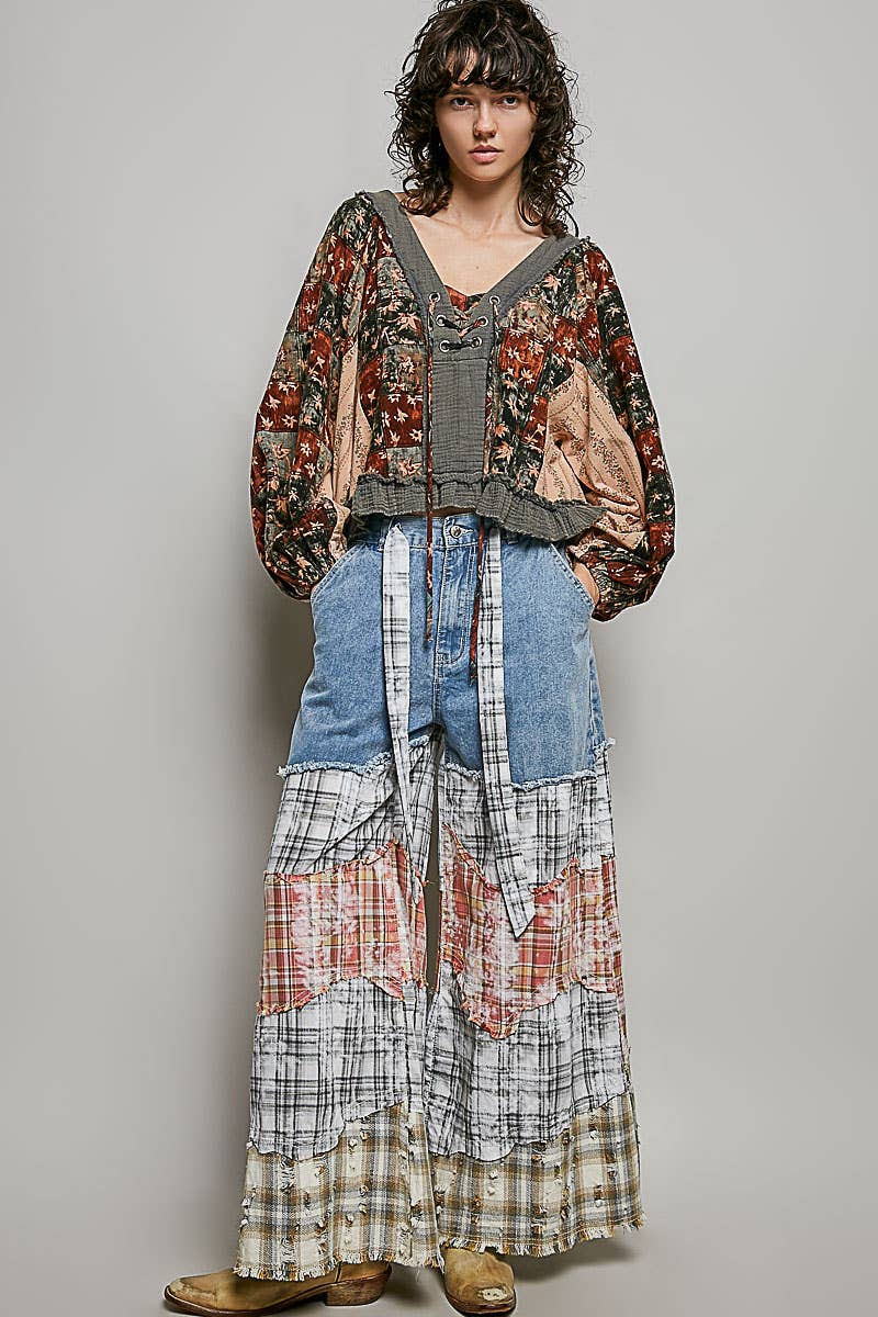 Beige/Peach Multi Color V Neck Balloon Sleeve Top