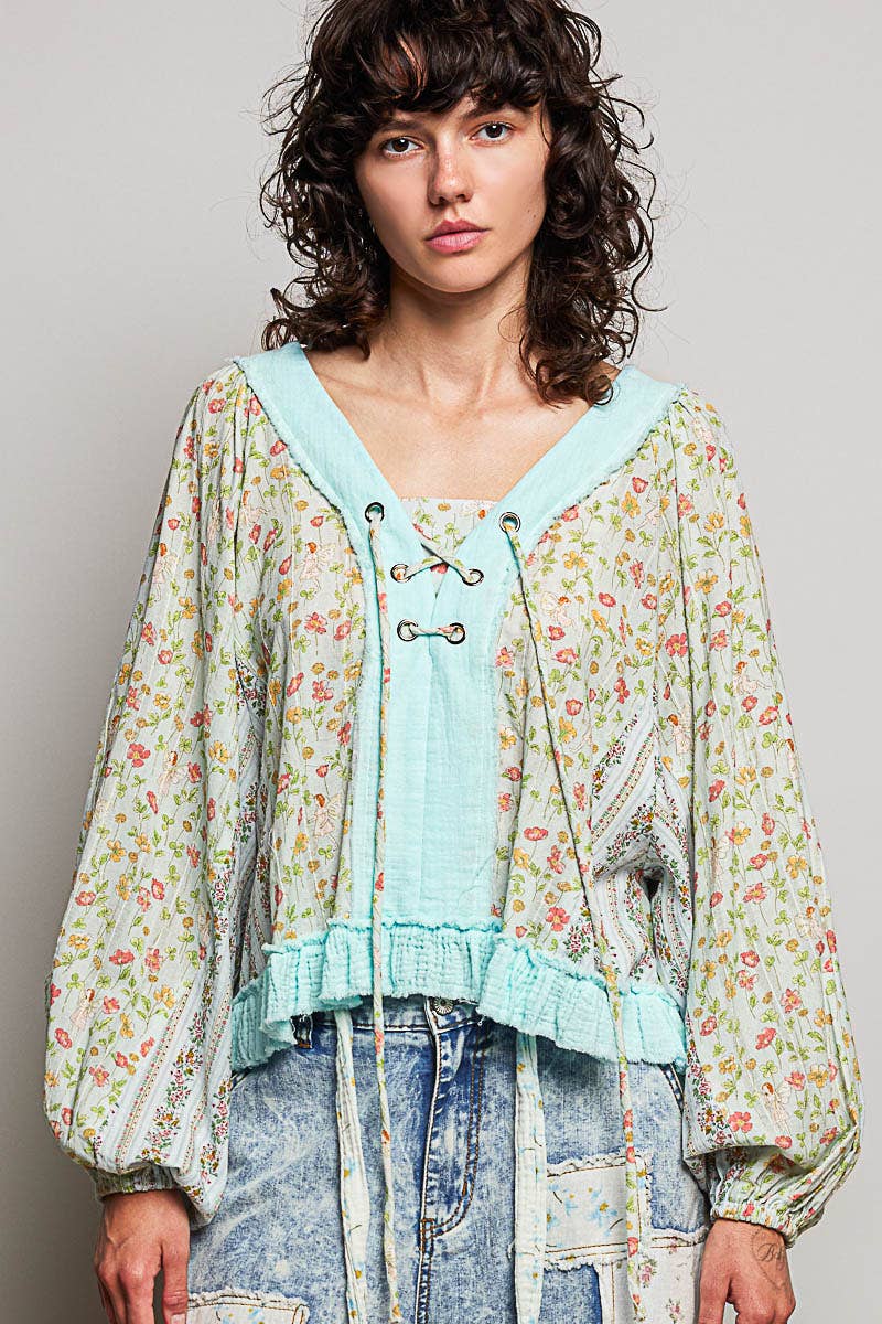 Beige/Peach Multi Color V Neck Balloon Sleeve Top