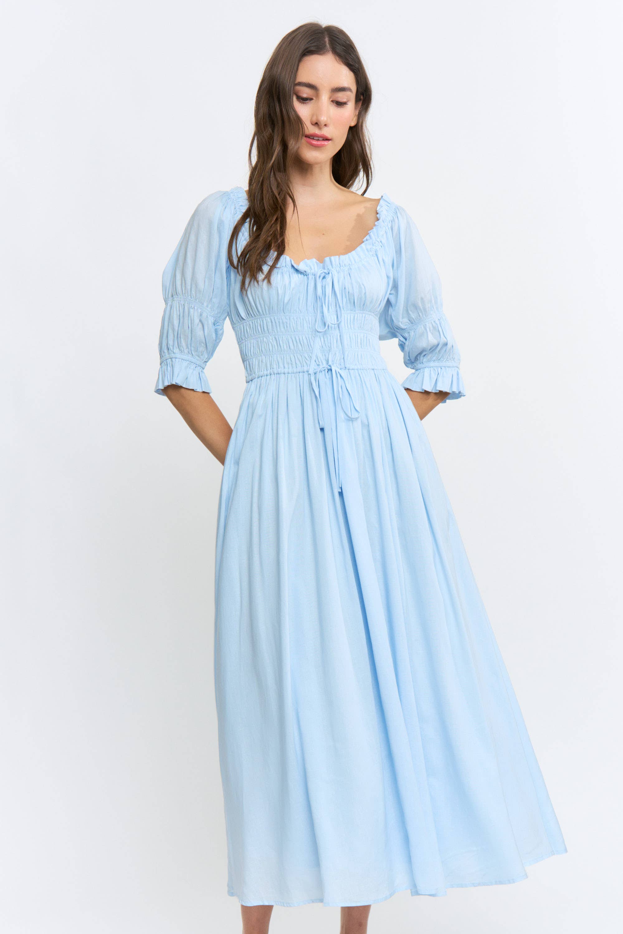 Navy Off or On Shoulder Pleated Maxi Dress