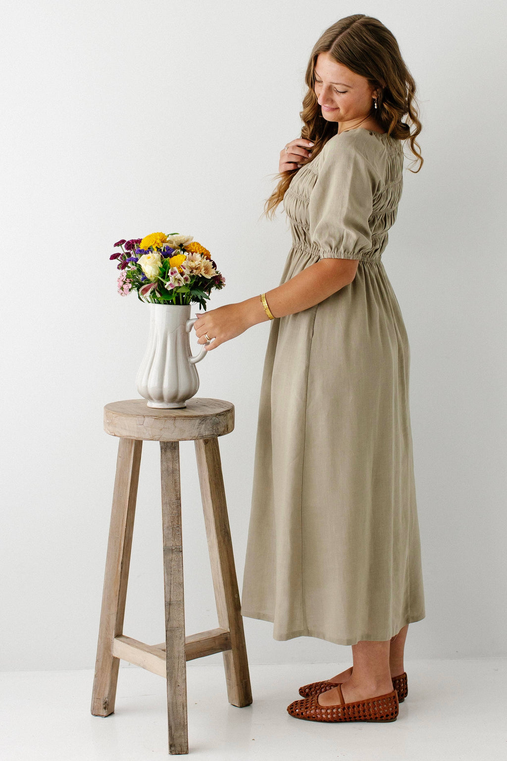 Willow Fall Square Neck Smocked Bodice Midi Dress