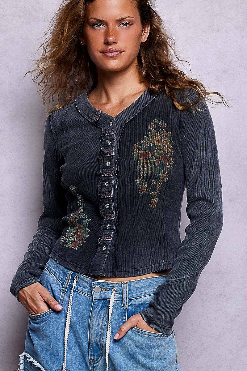 Vintage-Inspired Wash Button-Front Placket Ribbed Knit Top