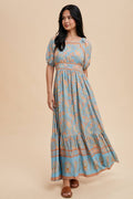 Dusty Blue Border Print Maxi Dress with Puff Sleeves