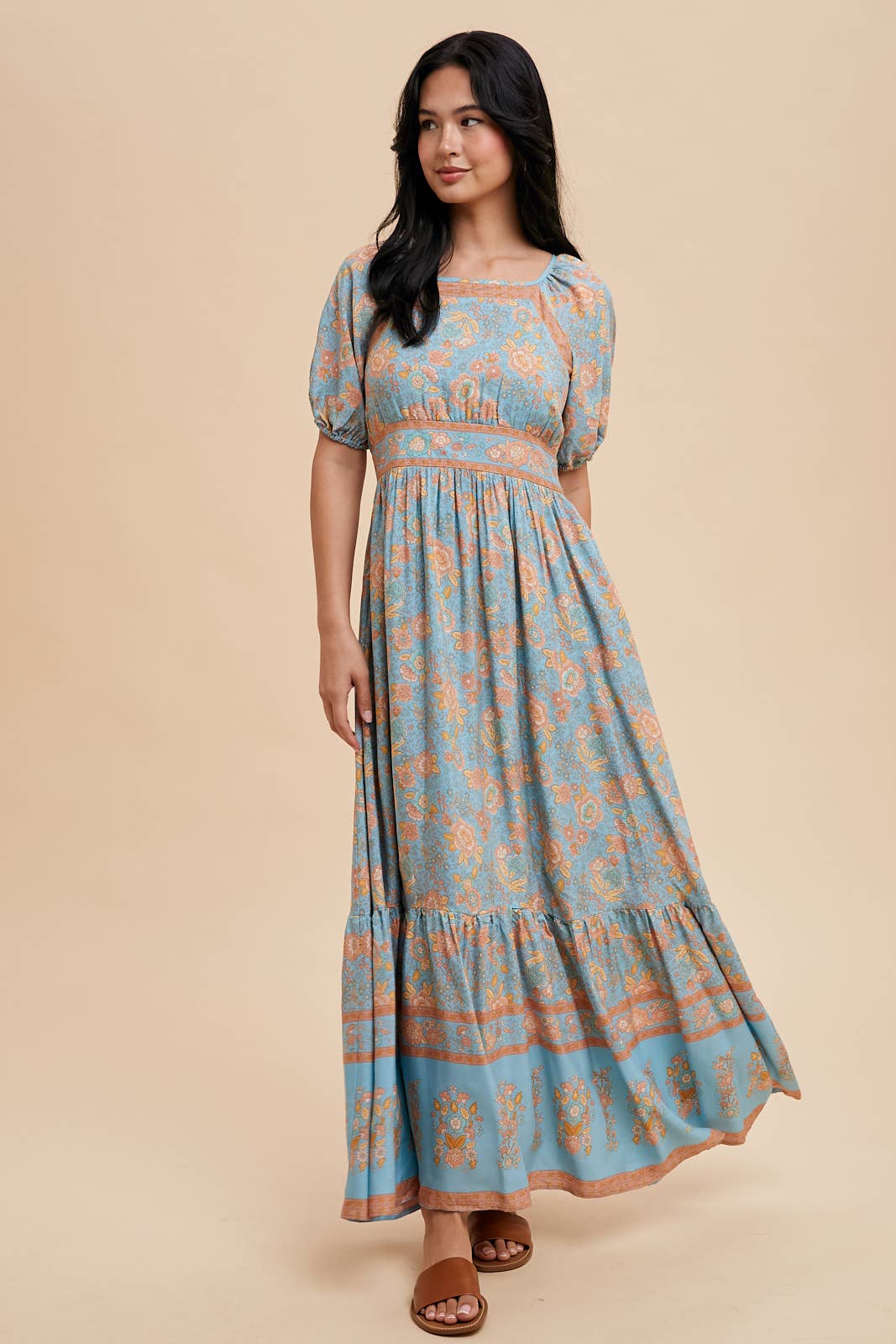 Dusty Blue Border Print Maxi Dress with Puff Sleeves