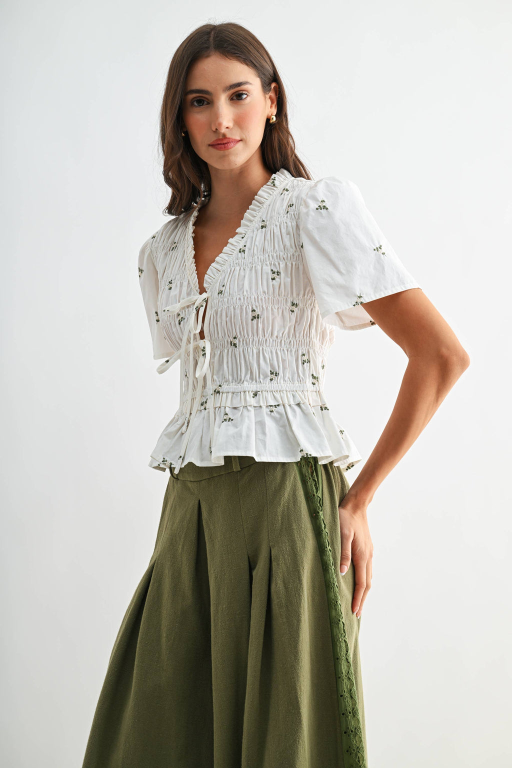 Ivory Floral Tie Front Peplum with Smocking Detail