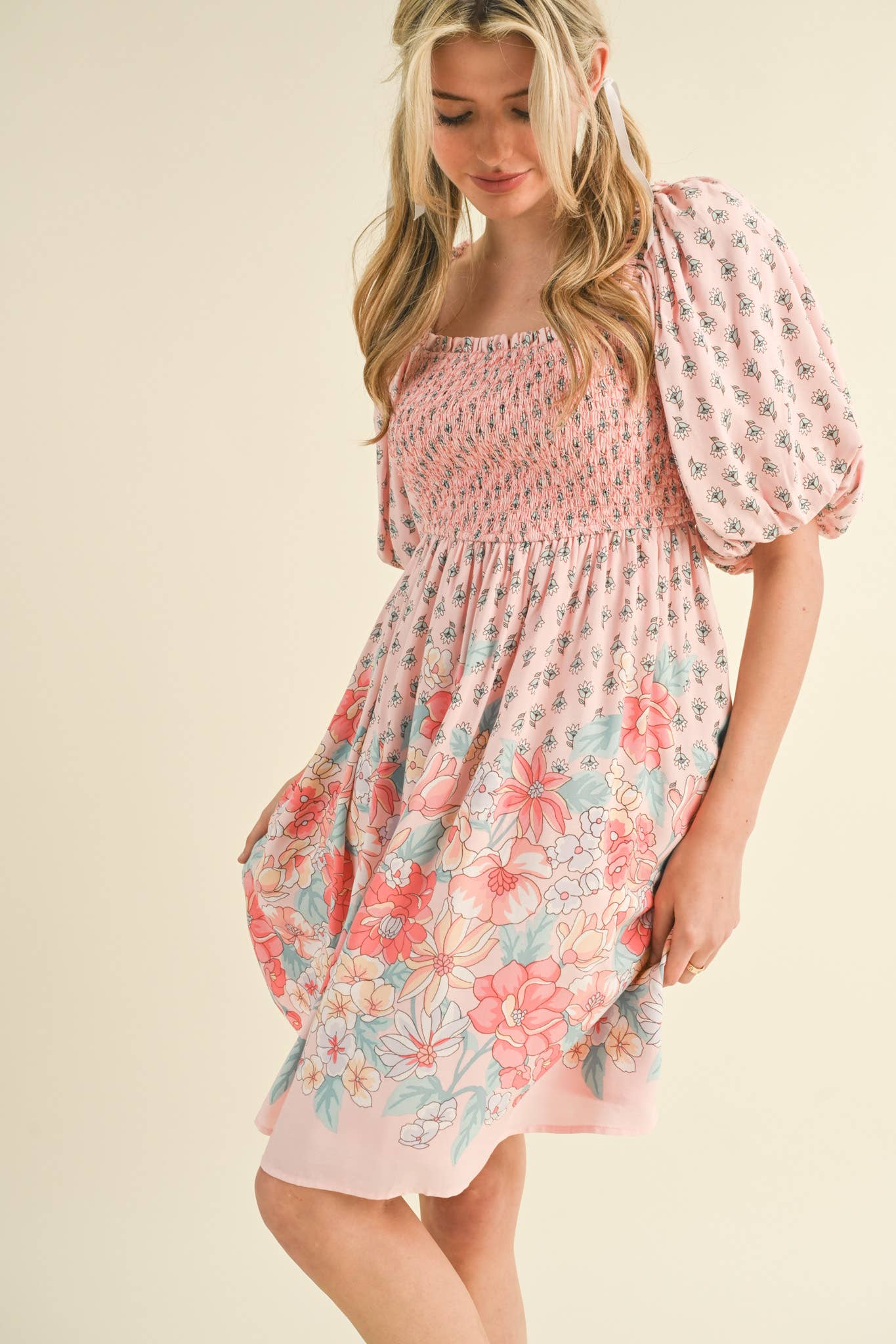 Pink/Peach Floral Smocked Knee Length Dress with Puff Sleeves