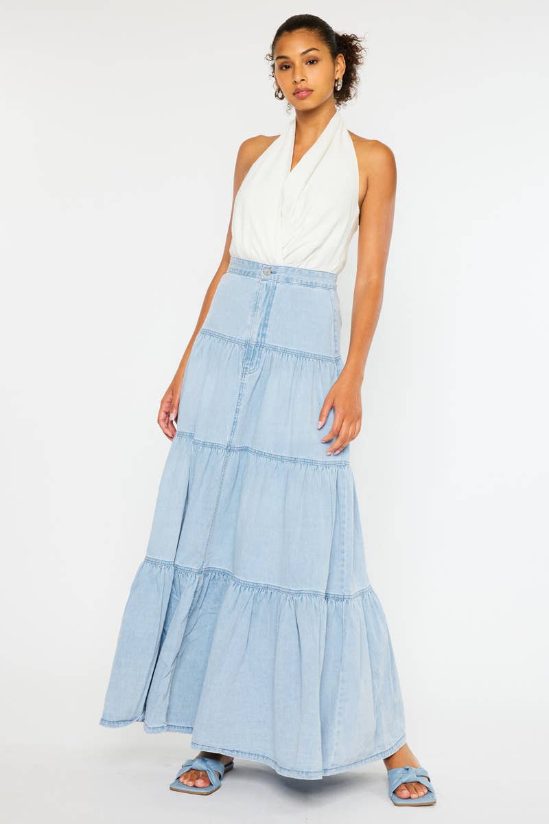 Light Wash Tiered Maxi Skirt - Kan Can