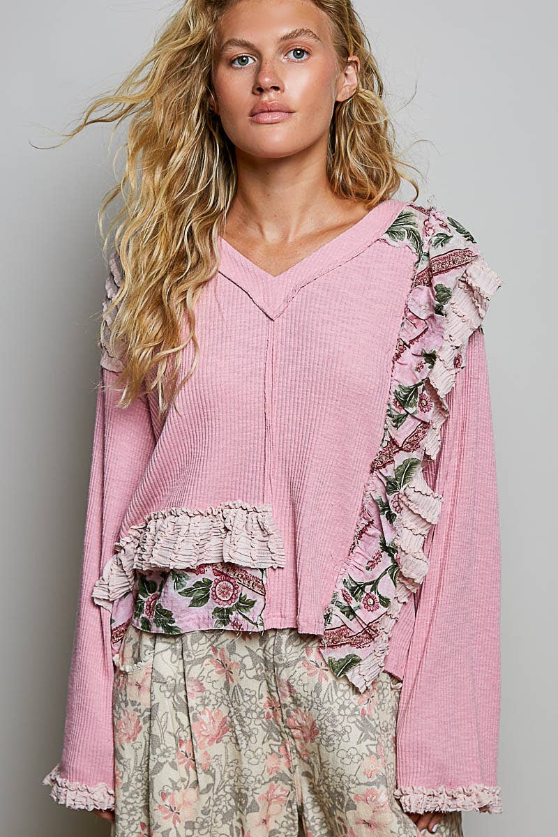 Floral Ruffle Trim Textured Ribbed Long Sleeve Knit Top