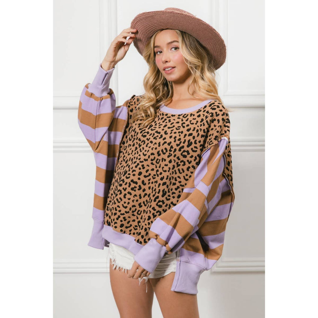 LEOPARD AND STRIPE MIXED TOP